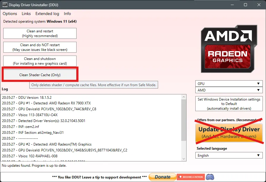 DDU clean shader cache option